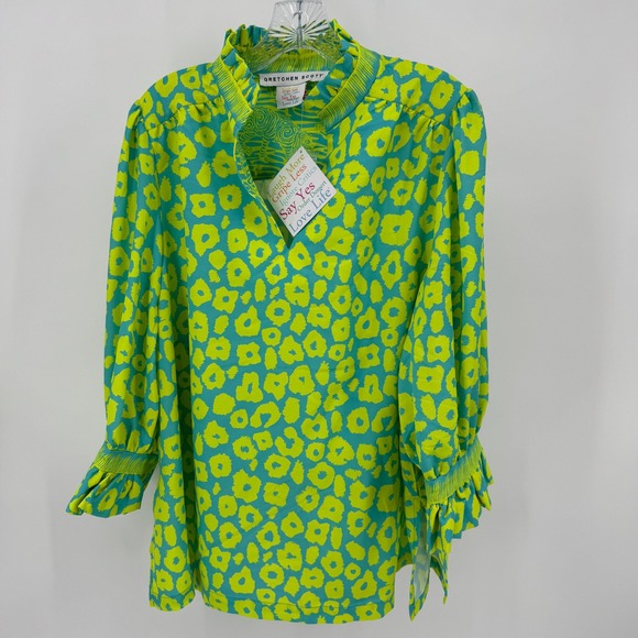Gretchen Scott Tunic Top XL Ruffle Neck Long Sleeve Turq Lime Goddess Top New - Picture 1 of 16